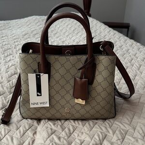 Nine West Lakelyn Satchel Bag Beige Logo Brown Trim NWT Crossbody